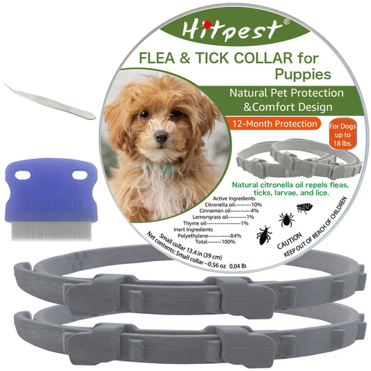 Flea and Tick Collar for Puppies - 12-Month Natural Protection - Safe & Effective Flea and Tick Prevention - Includes Flea Comb and Tweezers 2-Pack