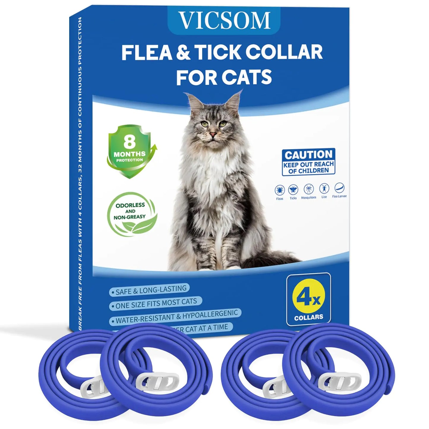 4 Pack Flea Collar for Cats Cat Flea and Tick Collar 8 Months Prevention Cat Flea and Tick Treatment Waterproof Adjustable Cat Flea Collar Natural Anti Tick and Flea Collar for Kitten Blue