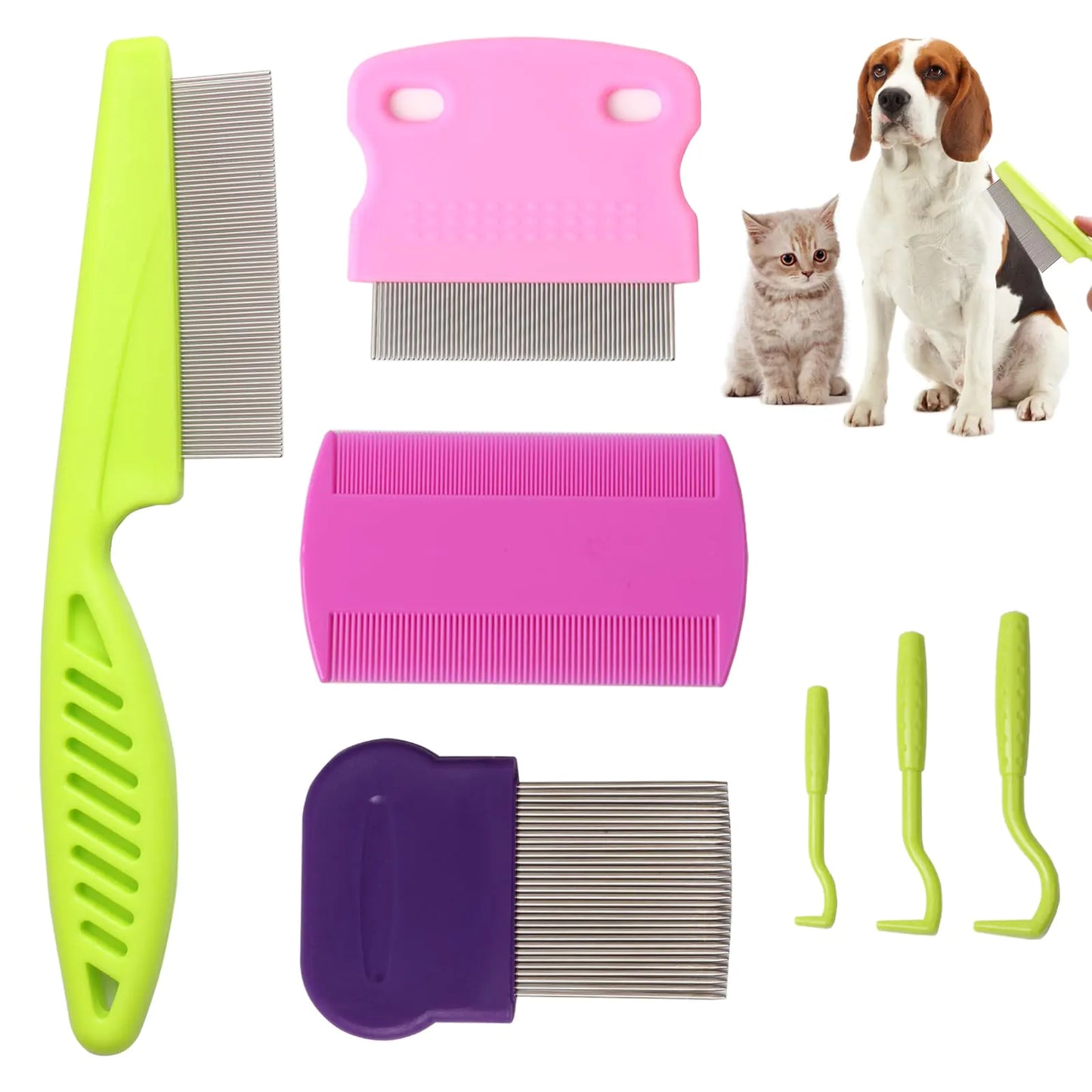 Generic Tick flea comb for dogs 7pcs Metal flea brush for indoor Cats Lice combs for thick hair Pet tear stain comb Fine tooth comb Large and Small dog combs for grooming